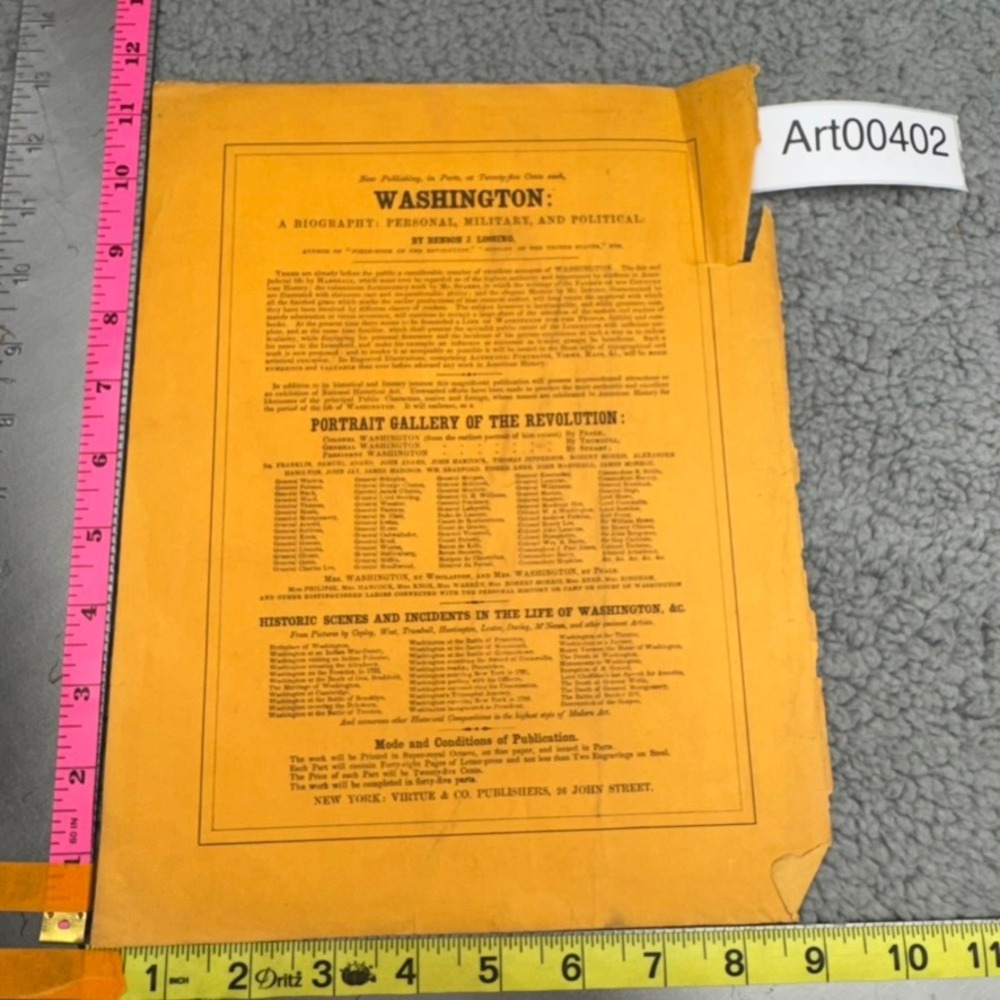 Antique‎ Benson J Lossing George Washington Biography Broadside Americana Print